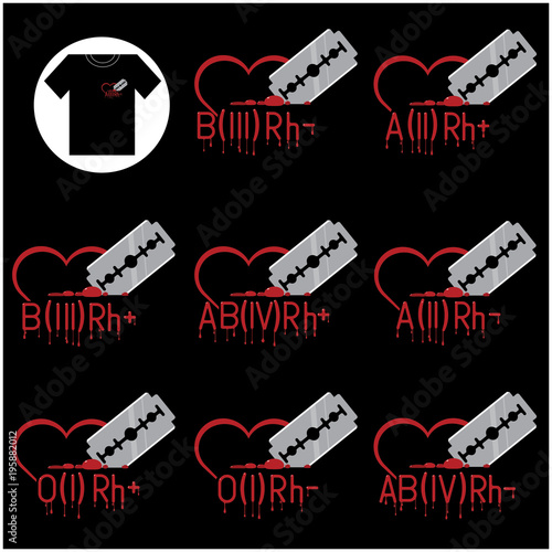 


an illustration consisting of several images in the form of a heart, a razor and a text of the blood group
