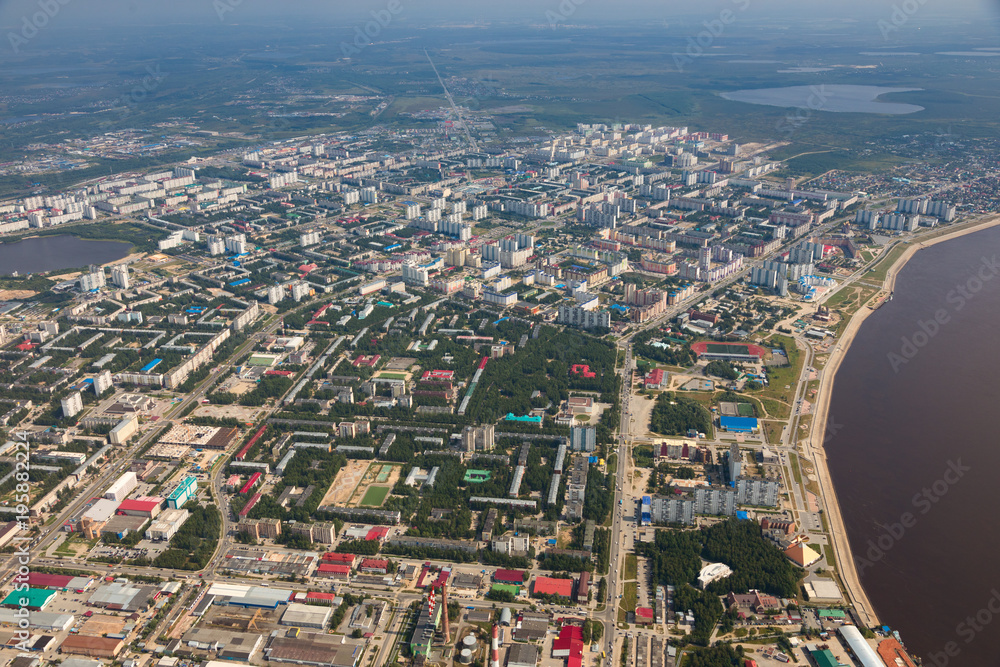 Fototapeta premium Top view the city of Nizhnevartovsk in spring
