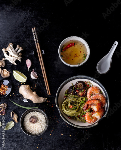 Green tea soba noodles with shrimp