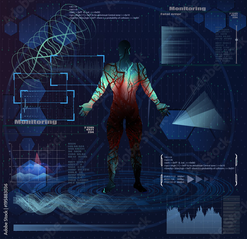 Modern medical examination in HUD style design. Ultrasound and cardiogram. Futuristic Medical Interface, virtual graphic touch UI with illustration of Heart Scan, Human Body and Electrocardiogram.