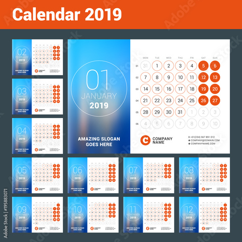 esk calendar for 2019 year. Set of 12 pages. Vector design print template with place for photo. Week starts on Monday. Calendar grid with week numbers photo