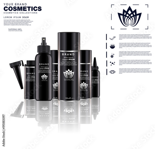Set vector blank templates of empty and clean white plastic containers: bottles with spray, dispenser and dropper, cream jar, tube. Realistic 3d mock-up of cosmetic package.