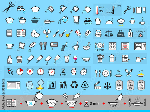 Set of sign for detailed guideline. Cooking and preparation instructions. Vector elements. Ready for your design. EPS10.