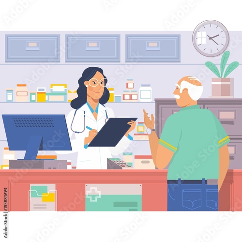 Pharmacist at counter in pharmacy.Man buys drugs at the pharmacy.Health care medical background. Drugstore vector illustration