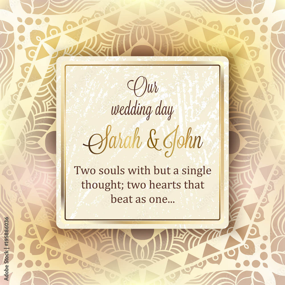 Intricate baroque luxury wedding invitation card, rich gold decor on beige background with frame and place for text, lacy foliage with shiny gradient. Intricate baroque luxury wedding invitation card, rich gold decor on beige background with frame and place for text, lacy foliage with shiny gradient.