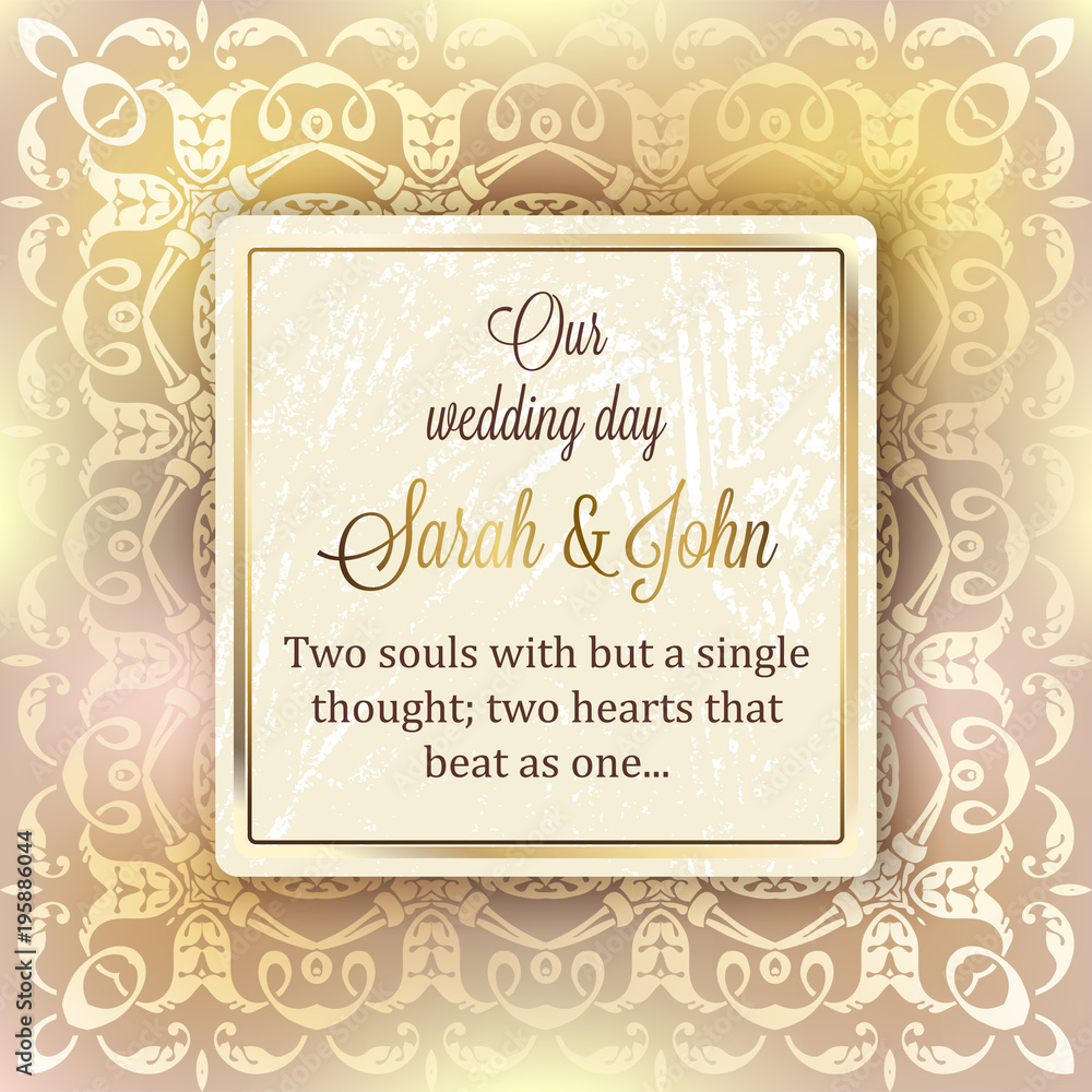 Intricate baroque luxury wedding invitation card, rich gold decor on beige background with frame and place for text, lacy foliage with shiny gradient. Intricate baroque luxury wedding invitation card, rich gold decor on beige background with frame and place for text, lacy foliage with shiny gradient.