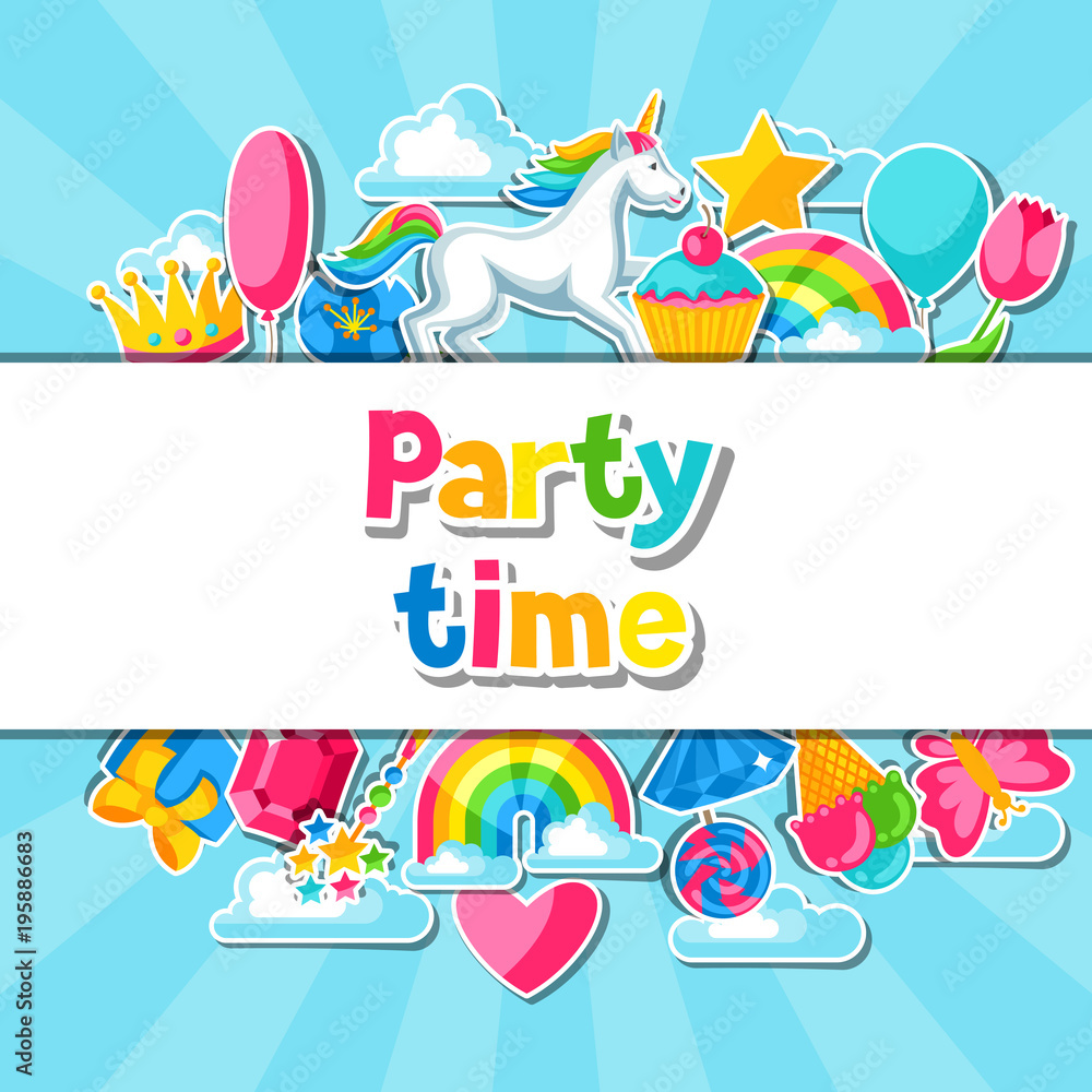 Party time. Card with unicorn and fantasy items