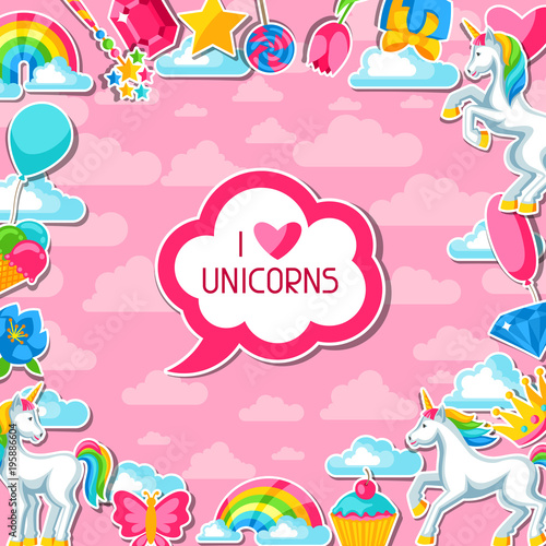 I love unicorns. Card with unicorn and fantasy items