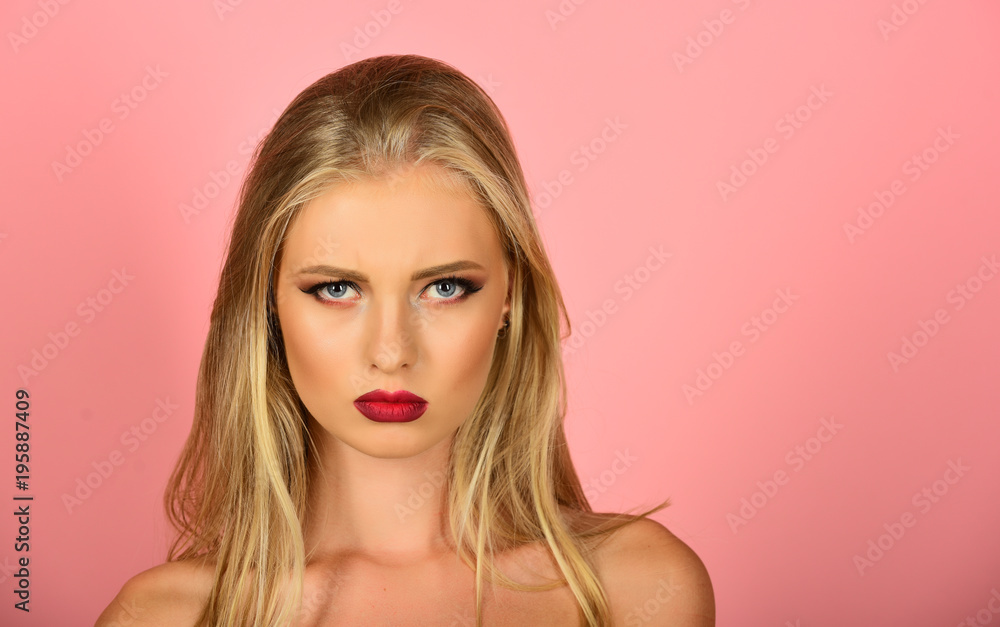 Beauty, skincare, haircare and skin health concept - attractive blonde girl with perfect makeup, red lips, healthy shiny hair. Sexy woman with perfect clean skin, long hair, bright makeup. Copy space. Beauty, skincare, haircare and skin health concept - attractive blonde girl with perfect makeup, red lips, healthy shiny hair. Sexy woman with perfect clean skin, long hair, bright makeup. Copy space.
