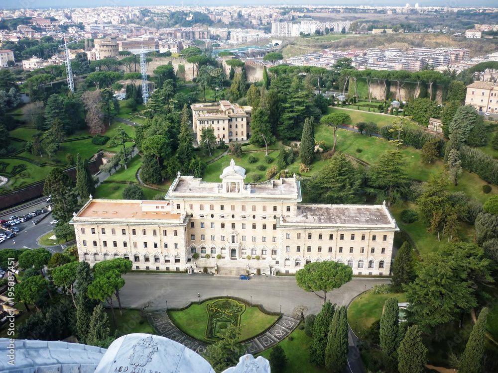 Aerial view of the buildings and garden in Vatican
