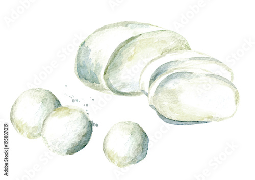 Mozzarella cheese set. Watercolor hand drawn illustration, isolated on white background
