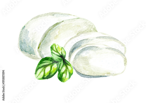Mozzarella cheese. Watercolor hand drawn illustration, isolated on white background
