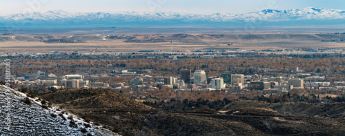 Unique view of the Boise skyline with the Owyhee mountains covered with snow