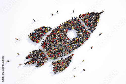 Many people together in a rocket shape. 3D Rendering photo