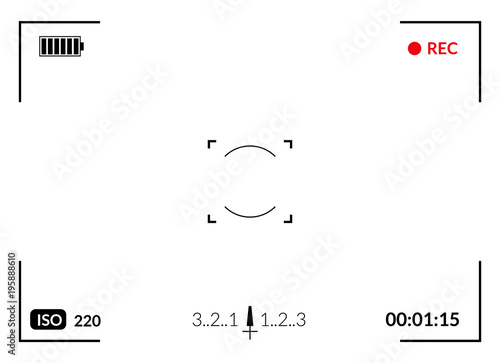 Camera viewfinder with digital focus and exposure camera settings. Screen photography frame