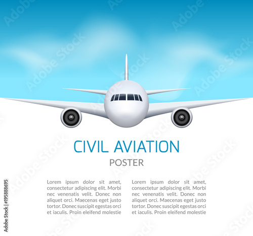 Airplane background. Commercial airliner travel concept. Plane in blue sky, civil aviation airliner design