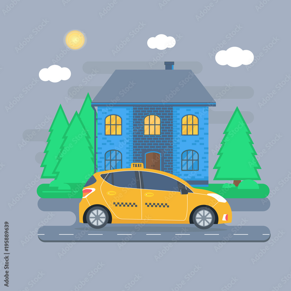 Naklejka premium Poster with the machine yellow cab in the city.