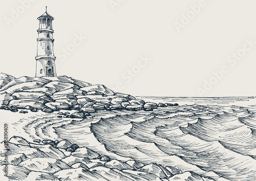 Sea shore and sea waves drawing. Side view of a rocky beach, lighthouse in the background