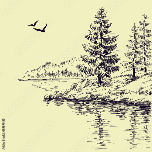 Lake shore or river bank wallpaper