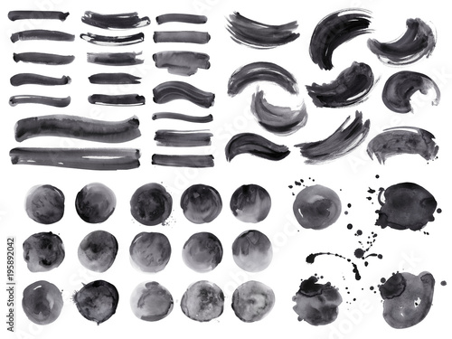 Big bundle of watercolor black brushstrokes, spots and streaks. Isolated on white background. High quality.