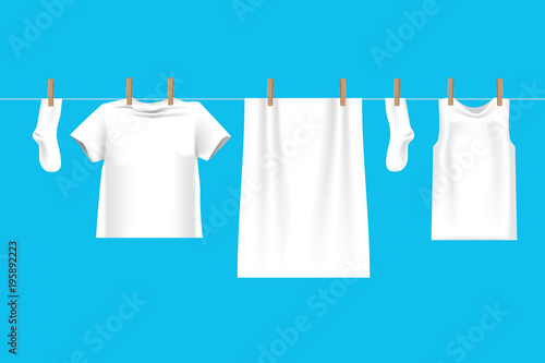 Bright white clothes hanging out on washing line on wire to dry , isolated on blue background in 3d illustration.