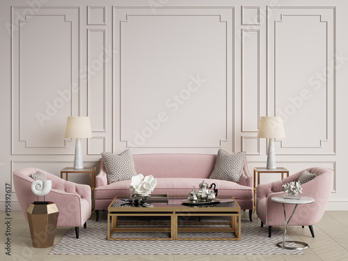 Classic interior.Sofa,chairs,sidetables with lamps,table with decor.White walls with mouldings. Floor parquet herringbone,rug with pattern.Mockup,copy space.Digital ilustration.3d rendering