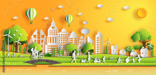 Paper art style of landscape in the city with sunset, people enjoy fresh air in the park, flat-style vector illustration.