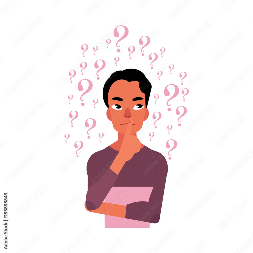 Vector flat young adult man in casual clothing jeans standing in thoughtful pose with cane holding his chin thinking with questions above head. Isolated illustration, white background Vector flat young adult man in casual clothing jeans standing in thoughtful pose with cane holding his chin thinking with questions above head. Isolated illustration, white background