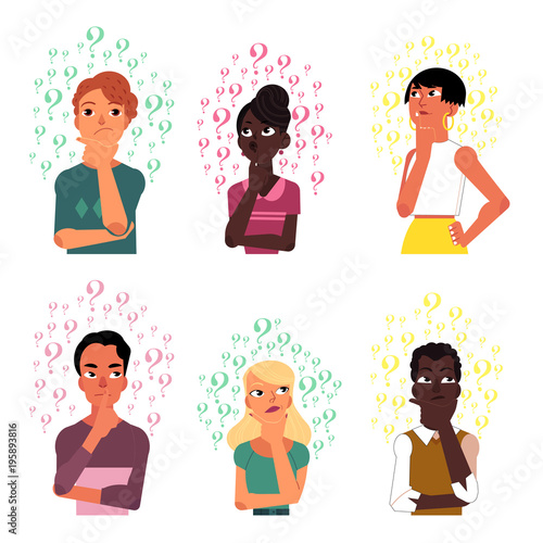 Set of people, men and women, black and Caucasian thinking surrounded by many question marks, cartoon vector illustration isolated on white background. Portraits of thinking people with question marks