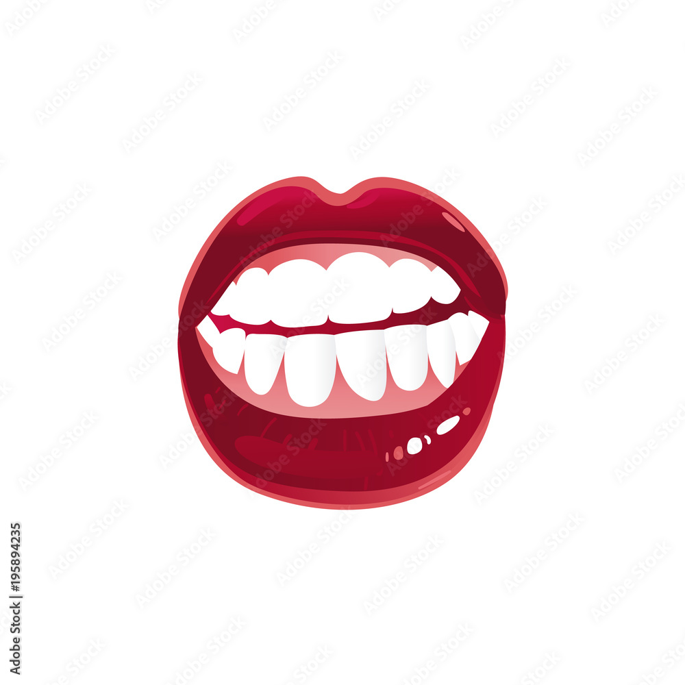 Naklejka premium Vector cartoon woman mouth with sexy lips white teeth. Red lipstick makeup glamour fashion style glossy sensual kiss symbol. Isolated illustration on a white background.