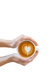 woman holding cup , Coffee cup of cafe latte with latte art on top white background isolated,clipping path