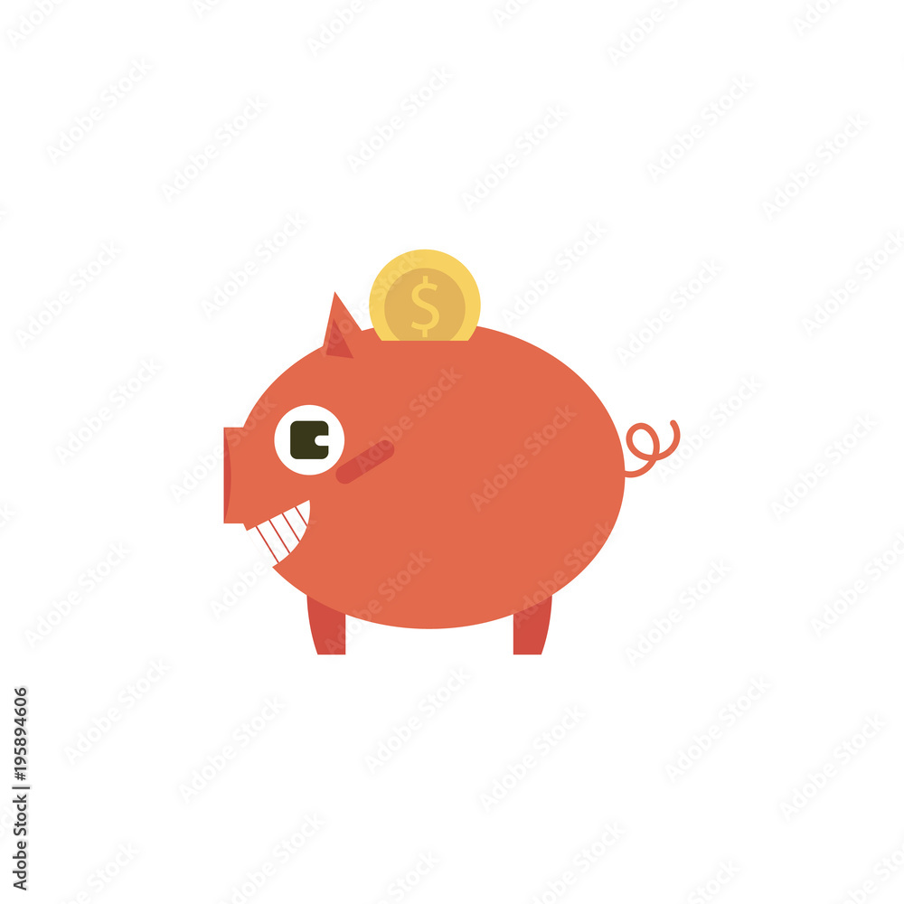 Vector flat money box, pig earnings save object, home investment bank tool with golden coin icon. Isolated illustration on a white background. Vector flat money box, pig earnings save object, home investment bank tool with golden coin icon. Isolated illustration on a white background.