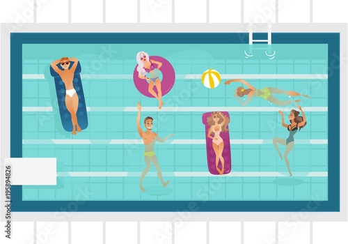 Vector cartoon people swimming in rectangle pool with blue tile walls water. Vacation summer travelling and holiday concept. Male female character having fun. Isolated illustration white background