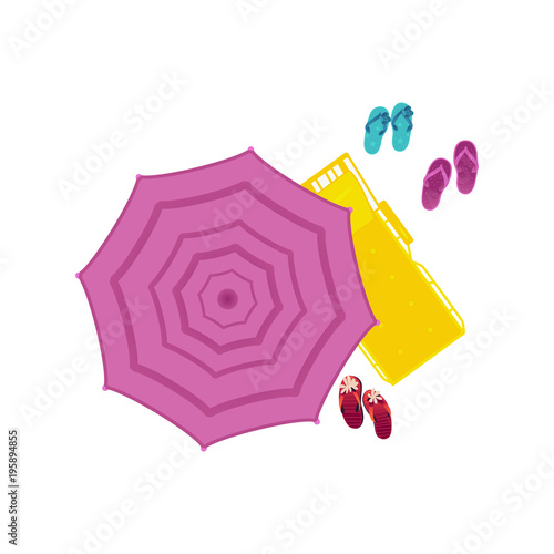 Vector cartoon travelling, beach vacation symbol beach umbrella, sunshade sun paraso, lounger slippers icon. Summer holiday poster, banner design element. Isolated illustration, white background photo