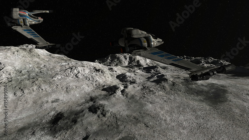 Schilderij op canvas Spaceships Flying Over Planet In Space 3D Rendering