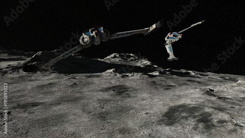 Schilderij op canvas Spaceships Flying Over Planet In Space 3D Rendering