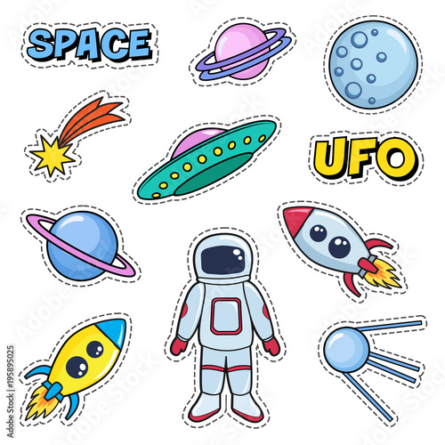 Patches cute set with space cosmonaut planets rockets spaceships moon ufo comet satellite and stars. Fashion stickers, cartoon 80s-90s style. Vector illustration