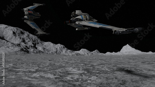 Foto Spaceships Flying Over Planet In Space 3D Rendering