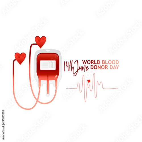 World blood donor day banner with red bloody plastic container and sign. Isolated on white background. Copy space. Flat vector illustration. Calling for a donor donation banner, poster, flyer