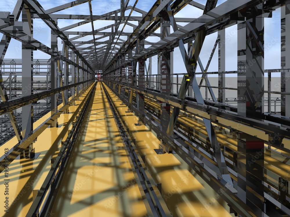 Shiny overpass for cables, gas and oil pipelines from columns, beams and ties. Architectural, engineering and construction hair dryer. 3D rendering. Shiny overpass for cables, gas and oil pipelines from columns, beams and ties. Architectural, engineering and construction hair dryer. 3D rendering.