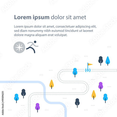 Trail map with flags, outdoor running, marathon path, countryside landscape, sport activity