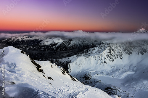 Beautiful mountain sunset panorama  winter Tatra mountains  Poland