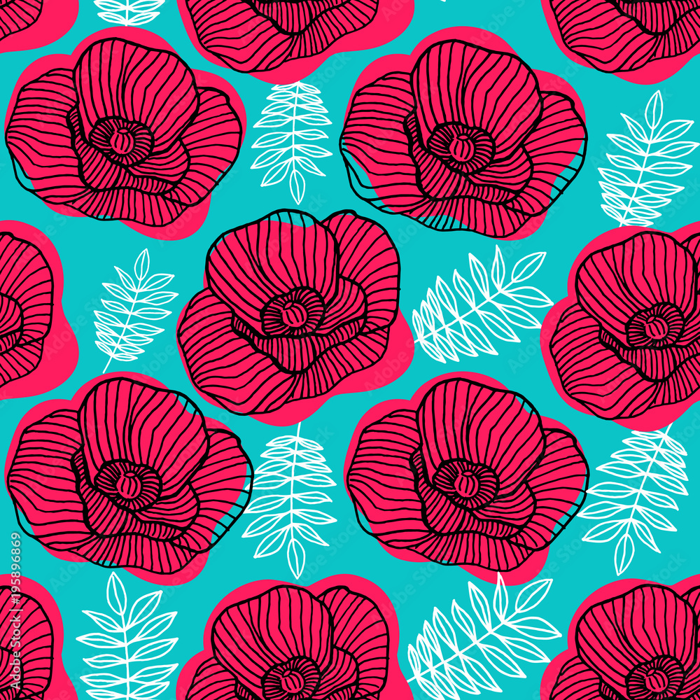 Spring bright seamless floral pattern with hand drawn red poppy flowers on mint green background. Ditsy print. Vector illustration