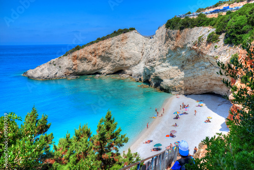 Aerial view of Porto Katsiki beach and seashore of Lefkada in summer holiday,...