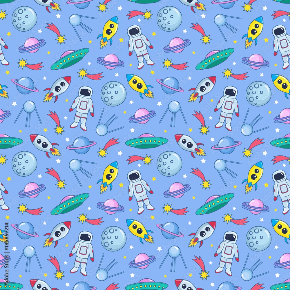 Cute seamless colorful pattern with space cosmonaut stars planets ufo ...