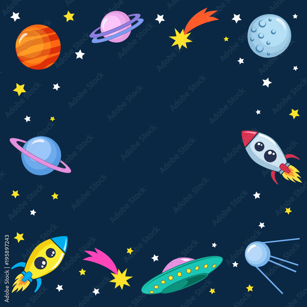Cute colorful background template with space mars stars planets ufo rockets spaceships satellite and comet on dark background. Vector illustration, frame for kids
