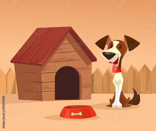 Happy smiling dog character guards house. Vector cartoon illustration