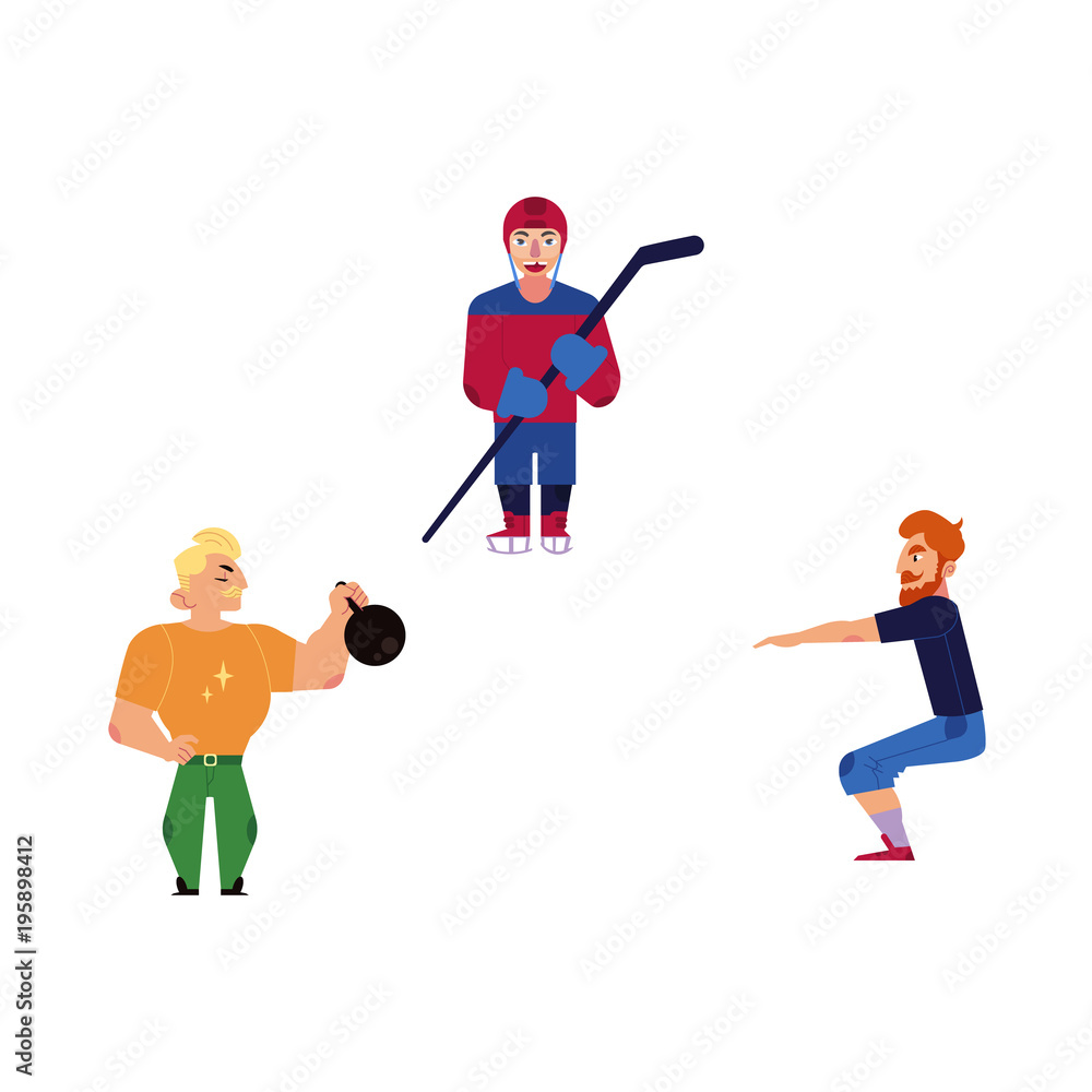 Vector flat adult men doint exercises, sports set. Male characters in casual athletic clothing doing squat, kettlebell workout, man playing ice hockey in protective equipment. Isolated illustration