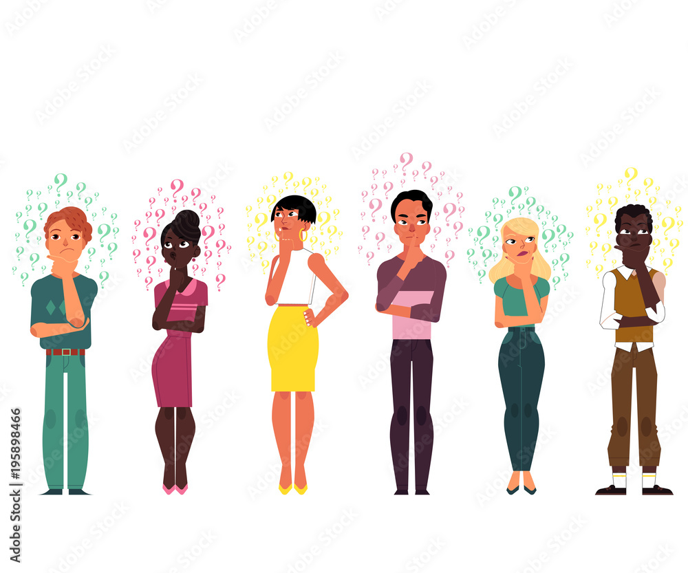 Vector cartoon adult african black, caucasian people thinking set. Men, beautiful women standing in thoughtful pose thinking with questions above head portrait Isolated background illustration Stock Vector | Adobe Stock Vector cartoon adult african black, caucasian people thinking set. Men, beautiful women standing in thoughtful pose thinking with questions above head portrait Isolated background illustration Stock Vector | Adobe Stock