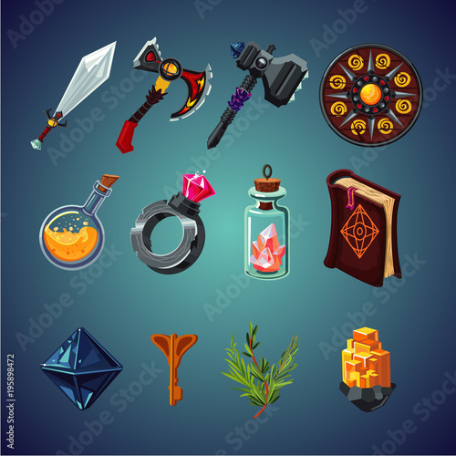Set of magic items for computer fantasy game. Isolated cartoon icons set.